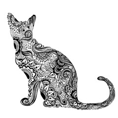 Coloring book cat for adults. Hand drawn artistically ethnic ornament with patterned illustration.
