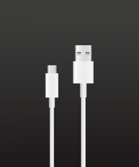 USB micro cable of realistic 3D isolated white and black connector for mobile phone, smartphone charging or PC devices connection. Vector illustration