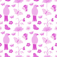 Valentine's Day vector seamless pattern with birds, flowers and butterflies in pink on white.Festive,doodle style hand drawn favorite.Designs in wrapping paper,textiles,scrapbook,packaging,wallpaper.