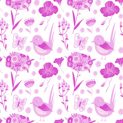 Valentine's Day vector seamless pattern with birds, flowers and butterflies in pink on white.Festive,doodle style hand drawn favorite.Designs in wrapping paper,textiles,scrapbook,packaging,wallpaper.
