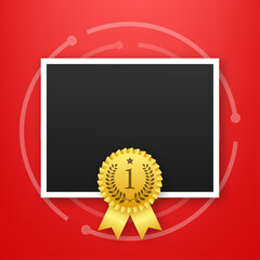 Trophy and frame realistic compostion. 3d photo award place for flyer design. Vector illustration.