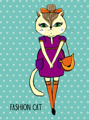 cute fashion hipster poster with cat. vector illustration