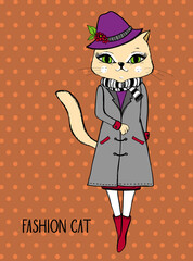 cute fashion hipster poster with cat. vector illustration