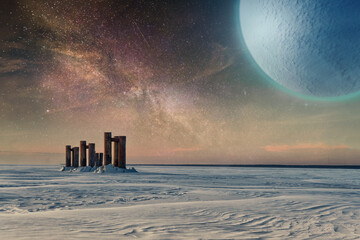 Fantastic landscape with a frozen icy surface, a starry sky and a distant planet above it