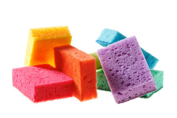 A bunch of new colored foam sponges for washing dishes. Isolated on white background.