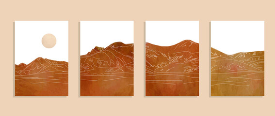 mountain landscape with sun, wall art earth tones landscapes vector backgrounds set