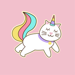 Cute magical  sleeping cat with rainbow corn. Icon vector illustration. Design  for children's books and greeting cards.

