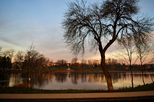 Sunset on the little lake Bubanj in city of Kragujevac Serbia