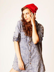 Naklejka premium young cheerful brunette teenage girl on white background