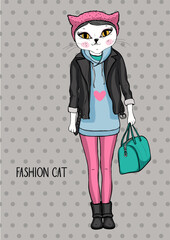 cute fashion hipster poster with cat. vector illustration