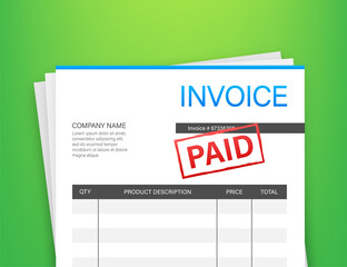 Invoice with paid stamp. Accounting concept. Customer service. Vector stock illustration.