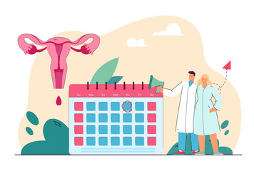 Tiny doctors with megaphone near calendar and uterus. Menstruation calendar and womans reproductive health flat vector illustration. Healthcare concept for banner, website design or landing web page - obrazy, fototapety, plakaty