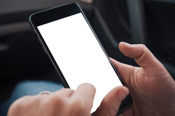 Top view Woman sitting and holding blank screen mock up mobile phone