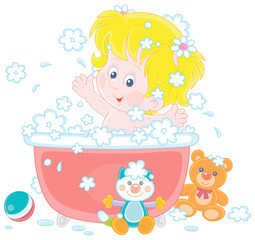 Happy little girl playing in a bubble bath and splashing with foam in a home bathroom with toys, vector cartoon illustration isolated on a white background