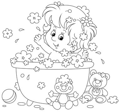 Happy little girl playing in a bubble bath and splashing with foam in a home bathroom with toys, black and white outline vector cartoon illustration for a coloring book page