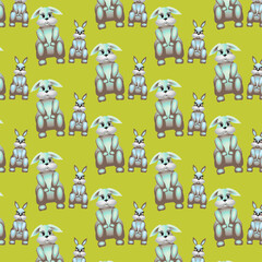 Rabbits on a yellow-green background, vector pattern, for children's textiles, packaging
