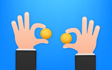 Obraz premium Currency exchange. Coin with dollar, euro sign. Hand and coin. Vector stock illustration.