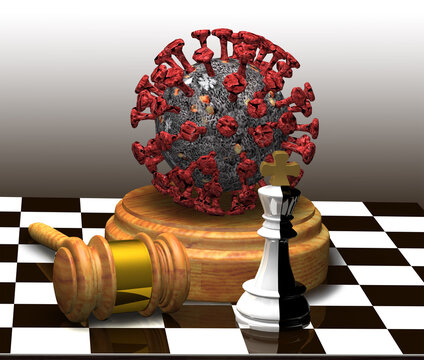 A chessboard, a hammer of justice, a black and white chess piece of the king and a model of the Covid-19 coronavirus. A symbol of betrayal.