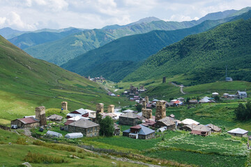 Fototapeta na wymiar Ushguli village with rock tower houses in Svaneti, Georgia.