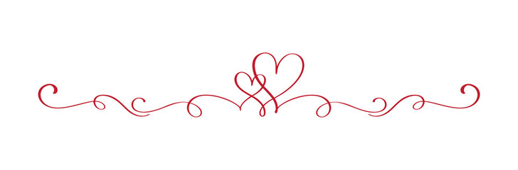 Red Vintage Flourish Vector divider Valentines Day Hand Drawn Black Calligraphic two Heart. Calligraphy Holiday illustration. Design valentine element. Icon love decor for web, wedding