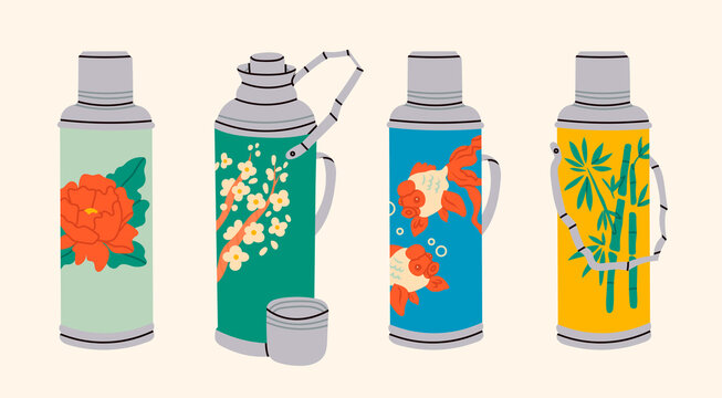 Vintage vacuum bottles. Thermos with aluminum cover and handle. Chinese retro thermo flask. Different patterns on side: flowers, gold fish, bloom, bamboo. Hand drawn Vector illustration. Cartoon style