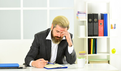 Loss prevention plan. Economics crisis. Stock market and economic cycles. Man bearded manager...