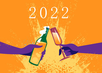 Brindisi, cin cin per festeggiare anno nuovo 2022 con bicchieri e bottiglia 