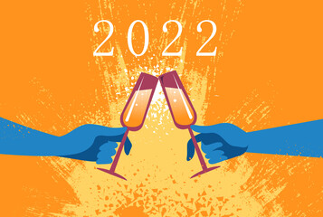 Brindisi, cin cin per festeggiare anno nuovo 2022 con bicchieri e bottiglia  - obrazy, fototapety, plakaty