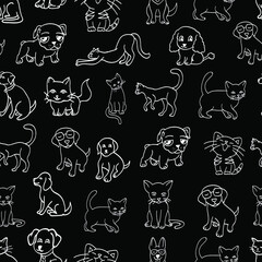 Cats, dogs cute animals vector chalk seamless pattern isolated on  dark backgroun. Concept for cards, print, textile