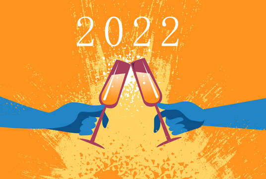 Brindisi, cin cin per festeggiare anno nuovo 2022 con bicchieri e bottiglia 