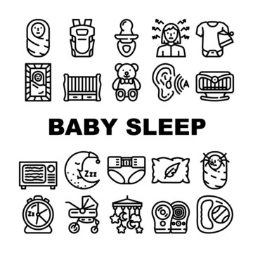 Newborn Baby Sleep Accessories Icons Set Vector. Baby Sleep In Crib Or Rocking Bed On Soft Pillow With Teddy Bear Toy, Pampers And Sling, Clothes And Stroller Black Contour Illustrations