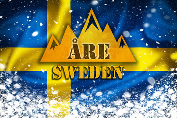 Are ski mountain banner illustration on Swedish flag and snow layer
