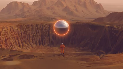 Rolgordijnen Oranje Spaceman Spacewoman met grote buitenaardse zilveren bol krater dorre woestijn berg Sci Fi astronaut kosmonaut landschap 3d illustratie renderen © paul