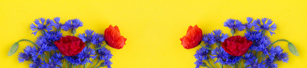 Summer flower background. Red poppies and blue cornflowers on the yellow background. Banner. Copy space.