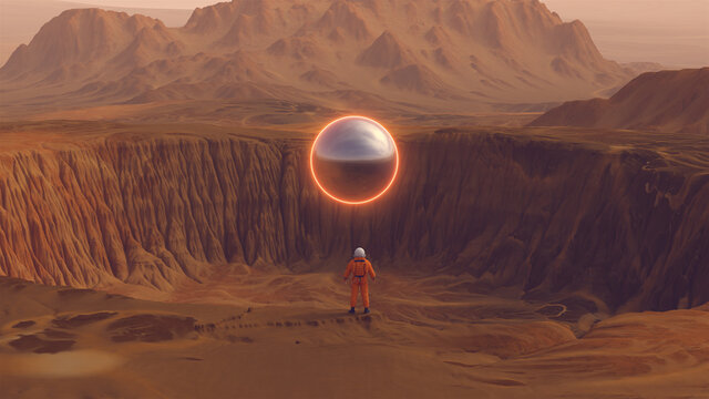 Orange Spaceman Spacewoman With Large Alien Silver Sphere Crater Arid Desert Mountain Sci Fi Astronaut Cosmonaut Landscape 3d illustration render