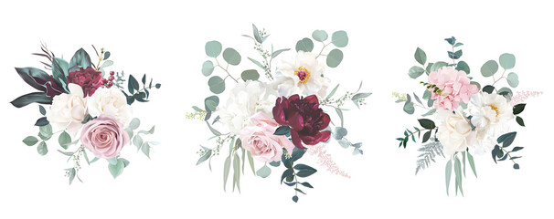 Blush pink rose, burgundy red peony, ranunculus, hydrangea, magnolia flowers - obrazy, fototapety, plakaty