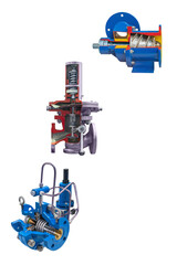 three different samples of small-sized gas equipment with longitudinal and cross sections isolated on white background