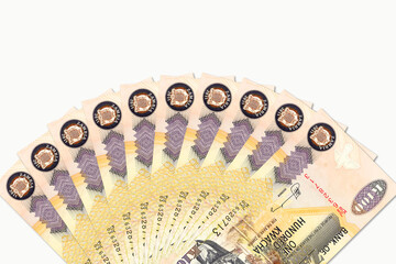 some 100 zambia kwacha bank notes with copyspace on white background