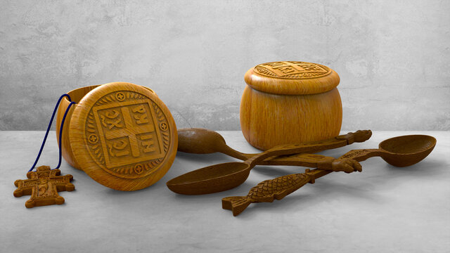 Orthodox carved spoons, cross and prosphora