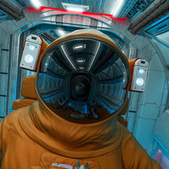 astronaut is inside of the space ship hallway in id profile picture