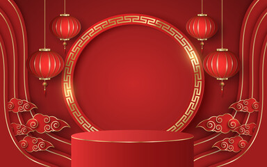 Realistic podium for Chinese new year to display your products. Luxurious red and golden flowers, lanterns and clouds. Mockup for presentation. Decorative frame with asian golden pattern