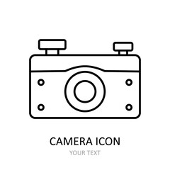 Vector illustration with camera icon. Outline drawing.