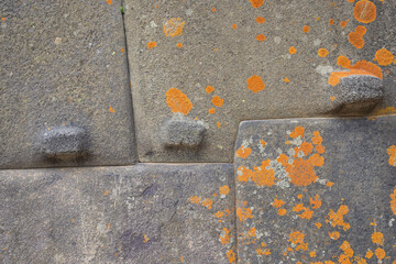 Incan stonework and masonry covered by lichens