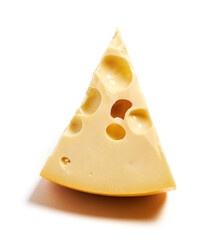 Piece of cheese with holes isolated on white background. Emmental cheese triangle, Swiss cheese