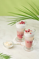 Dessert with chia seed pudding,jelly  a glass jar on a white background with a tropical palm tree