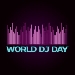 Vector illustration of DJ day. Music wave with neon effect in purple as a symbol of world DJ day. Neon objects. Banner for decoration of a musical event