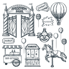 Amusement park design elements. Vector hand drawn sketch illustration. Entrance, ticket office, horse carousel icons - 477670364
