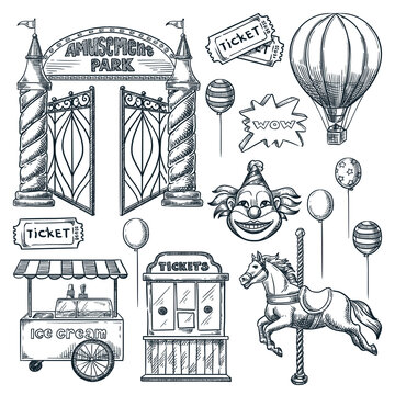 Amusement park design elements. Vector hand drawn sketch illustration. Entrance, ticket office, horse carousel icons
