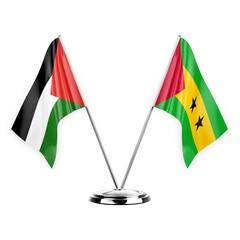 Two table flags isolated on white background 3d illustration, palestine and sao tome and principe