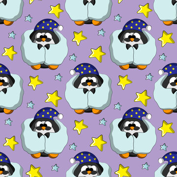 Seamless vector pattern with cute cartoon sleep Penguin